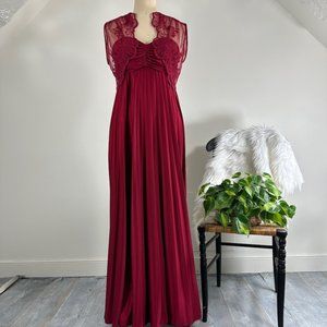 Stunning Vintage 70s Raspberry Red Pleated Lace Jacket Maxi Dress Bolero